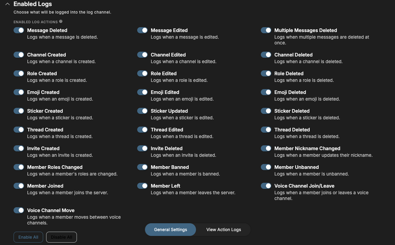 Enabled Logs List