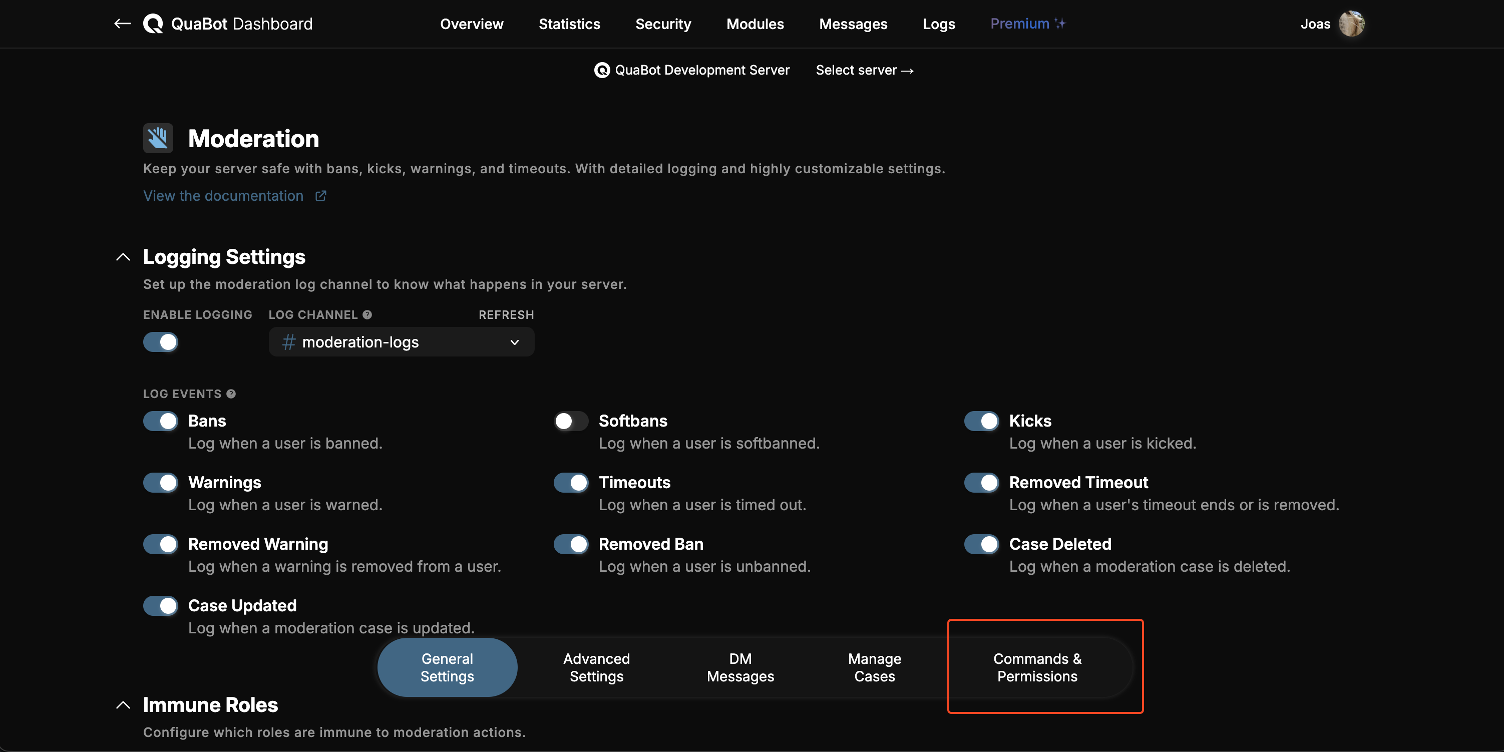 Moderation Commands & Permissions Tab